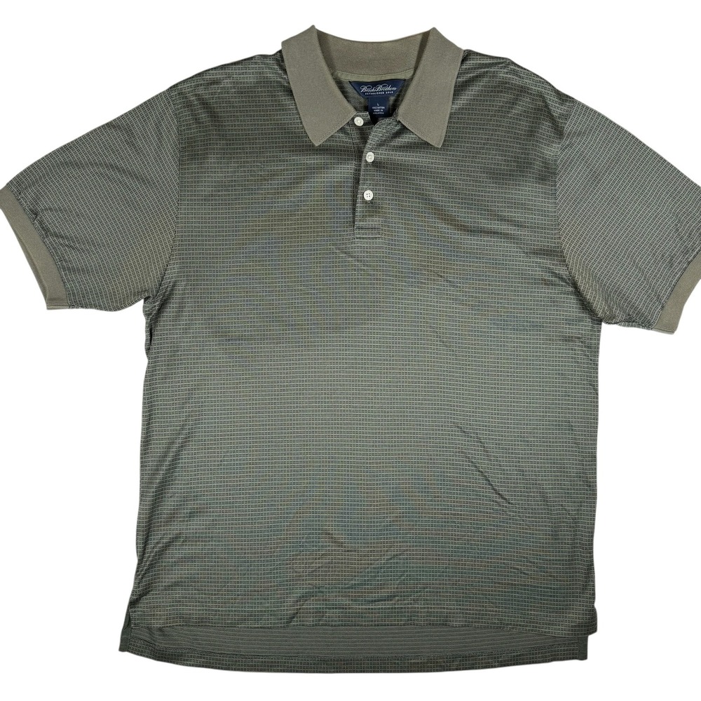 Brooks Brothers Polo Shirt Mens Large Olive Green Good Cotton‎ Micro Pattern